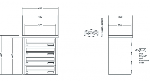 RENZ Briefkastenanlage Aufputz, Tetro, Edelstahl V4A, Kastenformat 370x110x270mm, 4-teilig